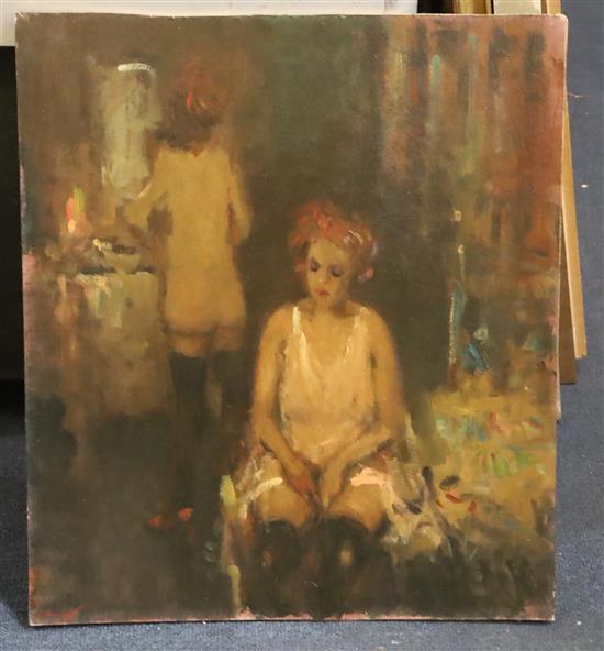 Ken Moroney (b.1949) Dressing room scene 17.5 x 15.25in., unframed